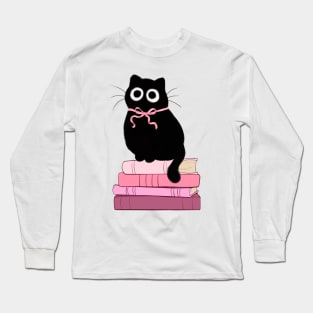 pink coquette cat on stack of books Long Sleeve T-Shirt